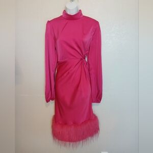 Vintage Glam Fuchsia Long-Sleeve Side Twist Waist Midi Dress with Feather Hem